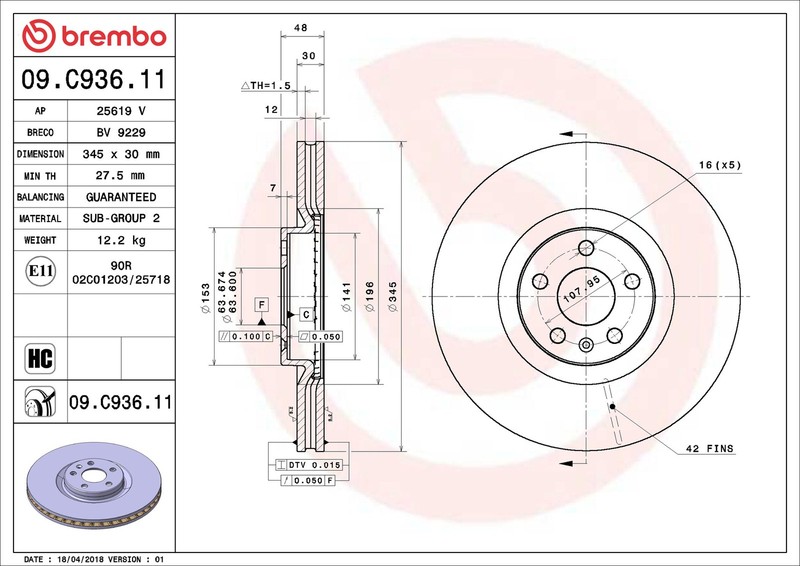 Brake Disc Single Vented fits VOLVO S90 Mk2 2.0D Front 2016 on 345mm New gallery