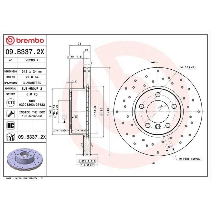 Brembo Xtra Line Vented Brake Disc – Drilled 09.B337.2X Fits BMW – High Quality