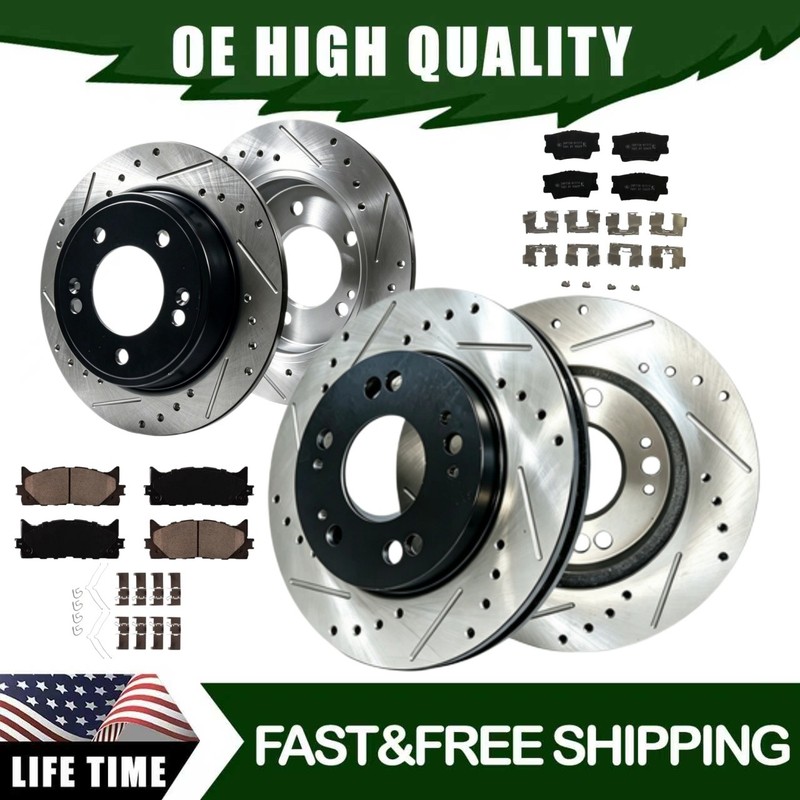 Front&Rear Drilled+Slotted Rotor+Brake Pad For 2012 2013 2014 2015Toyota Camry