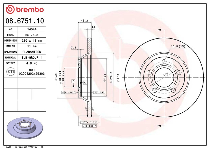 2x Brake Discs Pair Solid Front 280mm 08.6751.10 Brembo Set 8D0615301A Quality gallery