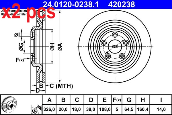 X2 PCS L&R SIDES FITS JAGUAR S-TYPE II 2.7 D BRAKE DISC 24.0120-0238.1 ATE