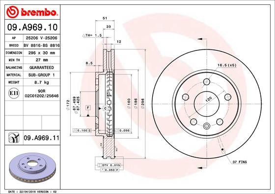 Brembo 09.A969.11 Brake Disc for Buick (SGM), Chevrolet, Chevrolet (SGM), Opel, Saab