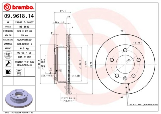Brembo 09.9618.14 Brake Disc for Mercedes-Benz