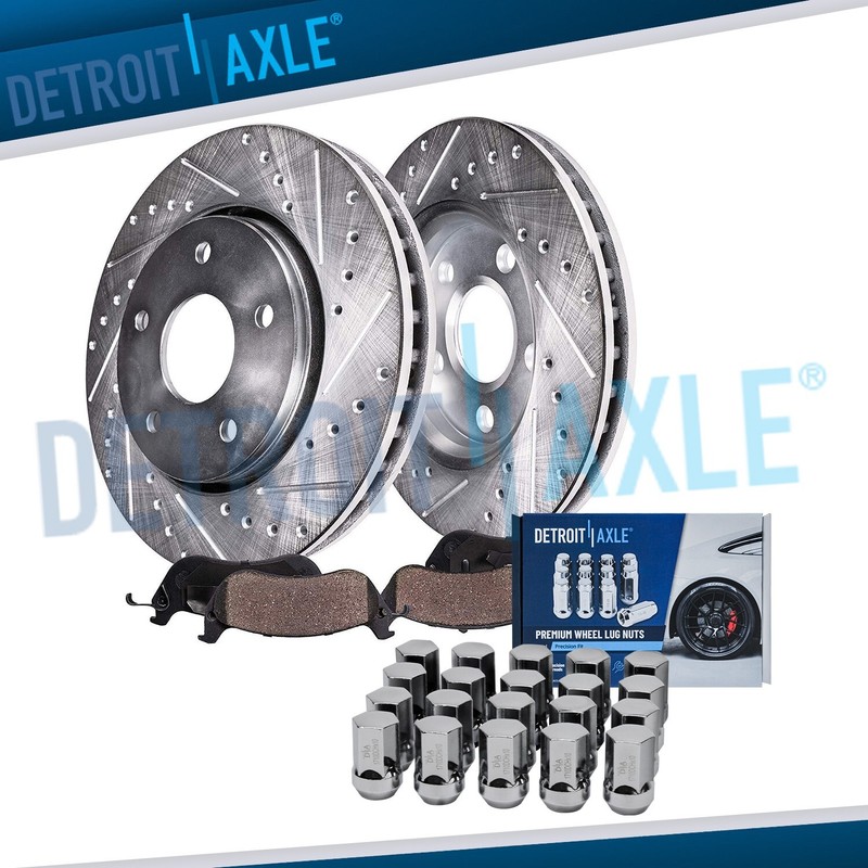 5-Lug Front Drilled Rotors Brake Pads +20pc Lugnuts for 2006-2008 Dodge Ram 1500