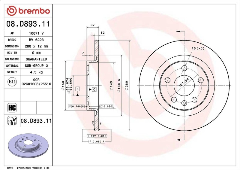 1x brake disc Brembo 8.D893.11 for Volvo XC40 (536) 2 2017-2019