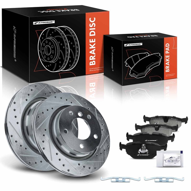 A-Premium Rear Drilled Brake Rotor & Brake Pad for BMW 325Ci 01-06 328i 98-00