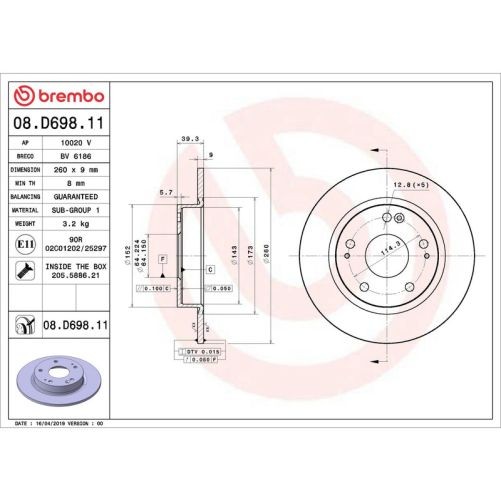 Brembo 08.D698.11 Disc Brake Rotor Rear Gray Cast Iron For 2016 Honda Civic