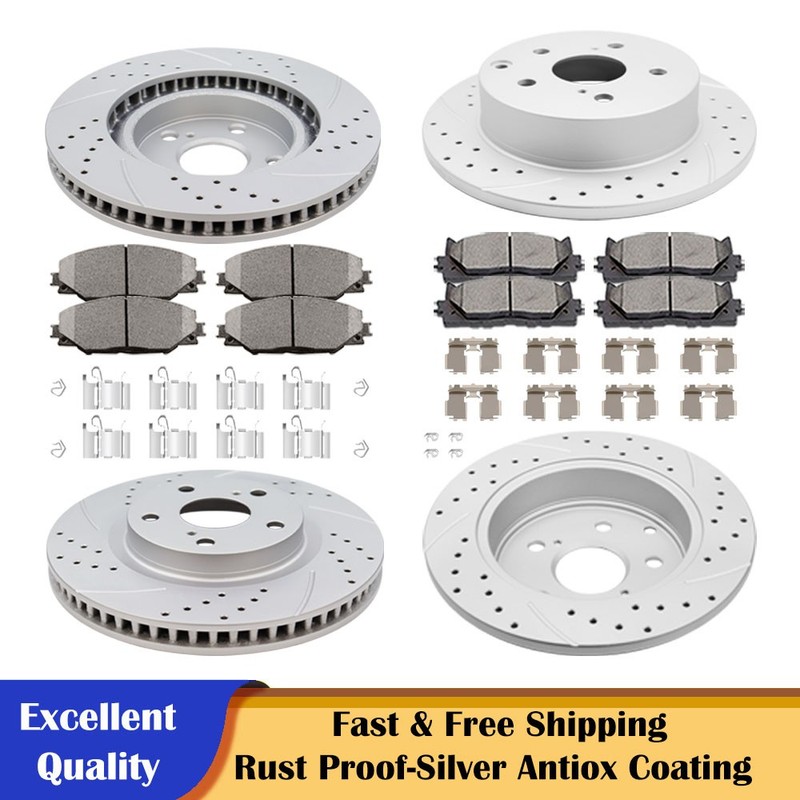 Front and Rear Slotted Discs Rotors Brake Pads Kit Fit for 2006-2018 Toyota Rav4
