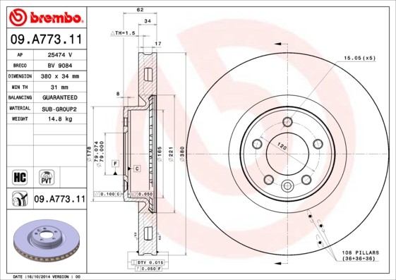 Brembo 09.A773.11 Brake Disc for Land Rover