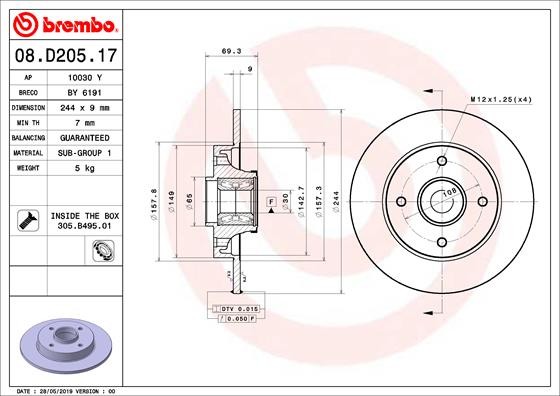 Brembo 08.D205.17 Brake Disc for Citroen, Opel, Peugeot, Vauxhall