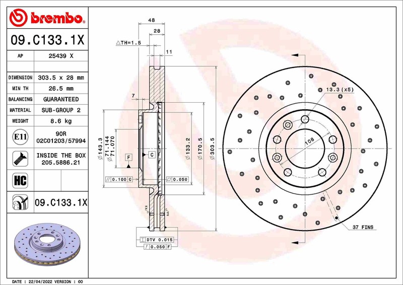 Brembo 09.C133.1X Brake Disc for Citroen,DS,Opel,Peugeot,Toyota,Vauxhall