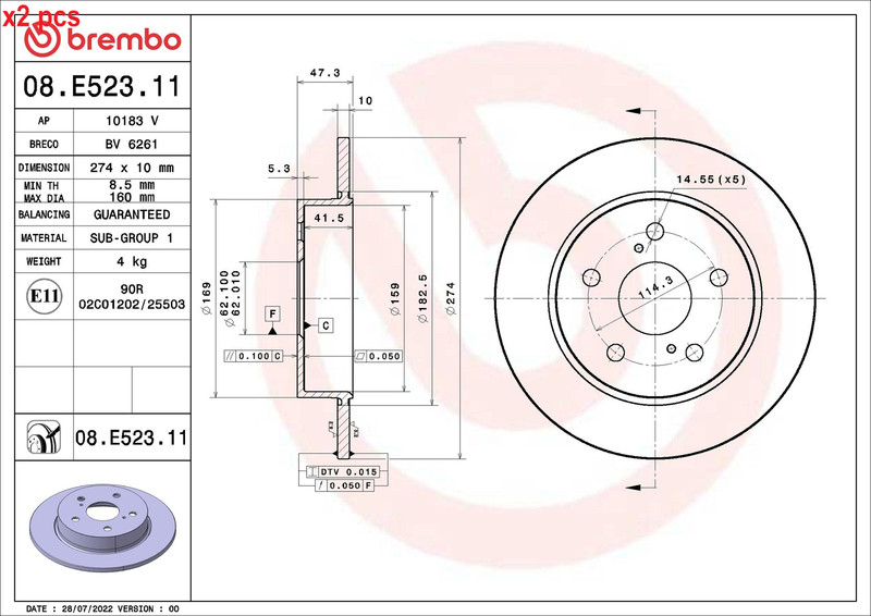 X2 PCS L&R SIDES FITS SUZUKI SWACE 1.8 HYBRID BRAKE DISC 08.E523.11 BREMBO