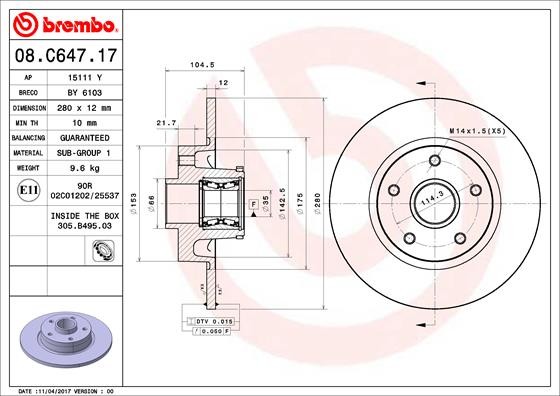 Brembo 08.C647.17 Brake Disc for Fiat,Nissan,Opel,Renault,Vauxhall