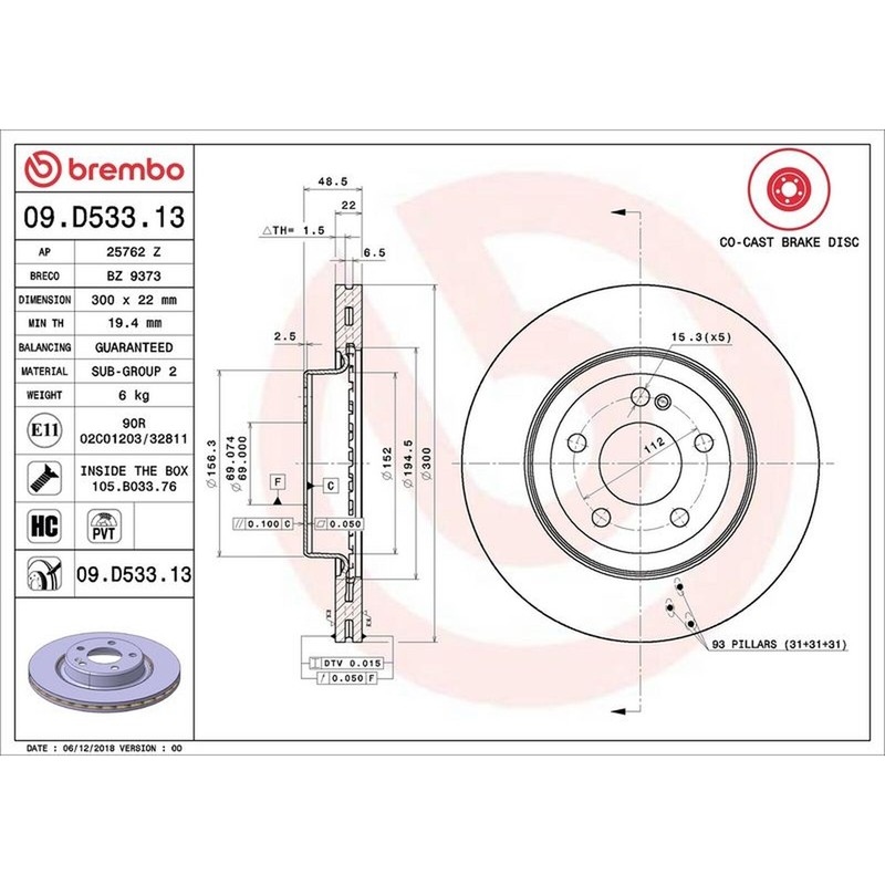 Brembo Prime Line Co-Cast Vented Two-Piece Brake Disc Pair – 09.D533.13