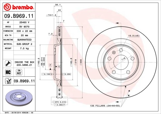 Brembo 09.B969.11 Brake Disc for Audi, Audi (FAW), Porsche, VW, VW (SVW)