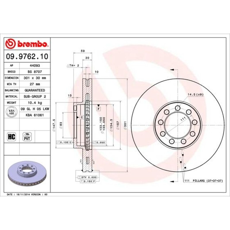 Brembo PVT Single Vented Brake Disc 09.9762.10 – Fits IVECO DAILY (IV) 6.06->