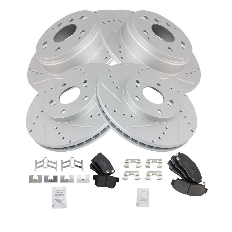 TRQ Rotor & Brake Pad Posi Metallic Performance Drilled & Slotted Front Rear Kit gallery