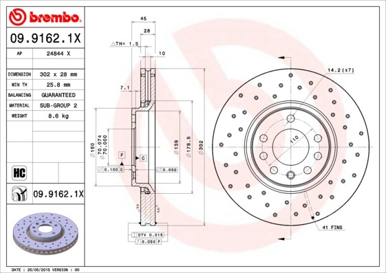 2X 09.9162.1X BREMBO Brake Disc for CADILLAC,CHEVROLET,OPEL,SAAB,VAUXHALL