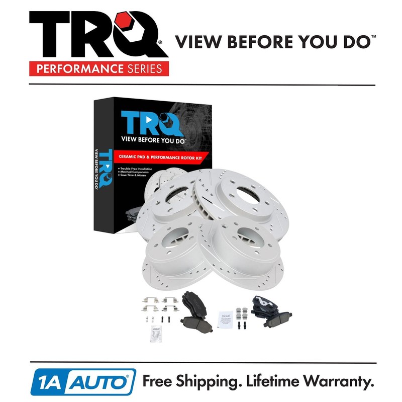 TRQ Front Rear Posi Ceramic Brake Pad Performance Drilled Slotted Coated Rotors