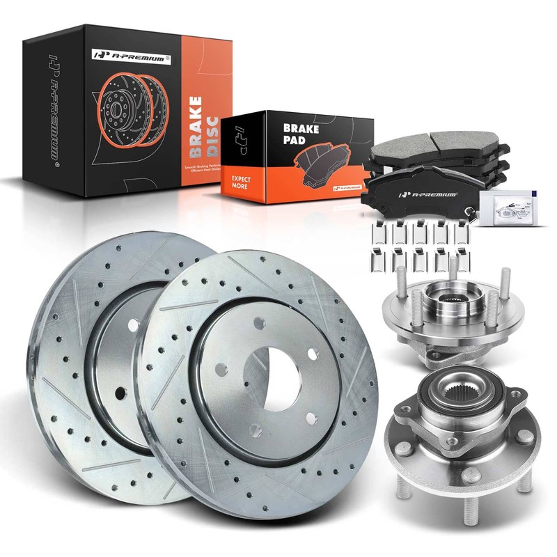 New Front Drilled Brake Rotor & Pad + Wheel Hub Bearing for Dodge Journey 09-13