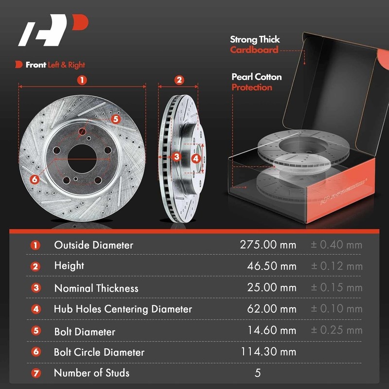 10.82 inch 275mm Front Drilled and Slotted Disc Brake Rotors + Ceramic Pads K... gallery