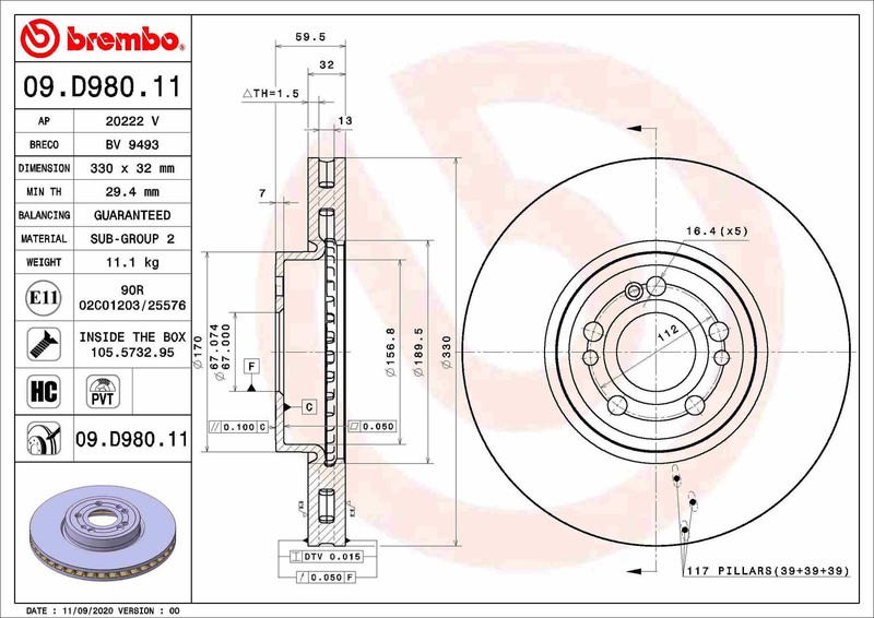 Brembo 09.D980.11 Brake Disc for Mercedes-Benz