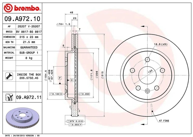 Brembo 09.A972.11 Prime UV Coated Vented Brake Rotors - Rear Pair gallery