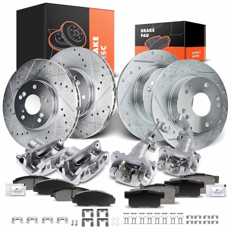 Front & Rear Drilled Rotors & Brake Pad + Brake Caliper for Honda Accord Acura