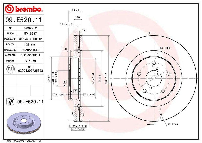 2X 09.E520.11 Brembo Brake Disc for Subaru