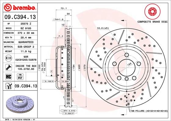 Brembo 09.C394.13 Brake Disc for BMW, BMW (Brilliance)
