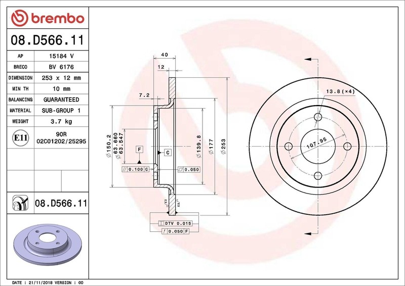 1X Brake Disc Brembo 8.D566.11 for Ford Fiesta VII (HJ, HF) 1 2020-2022