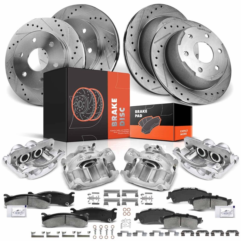 New 16pcs Front & Rear Drilled Rotors & Brake Pads + Brake Caliper for Chevy GMC