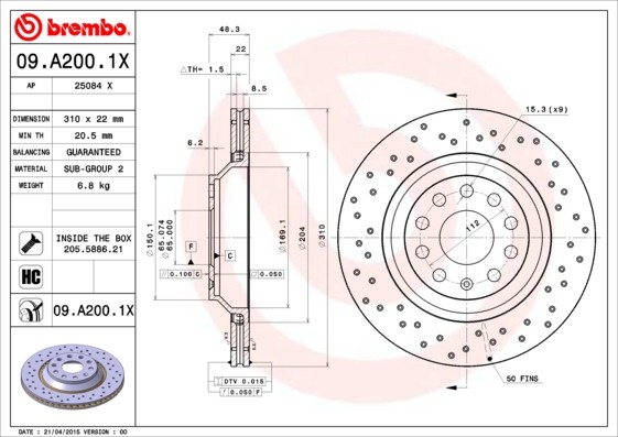 Brembo 09.A200.1X Brake Disc for Audi,Audi (FAW),AUDI (SAIC),CHRYSLER,CUPRA,SEAT gallery