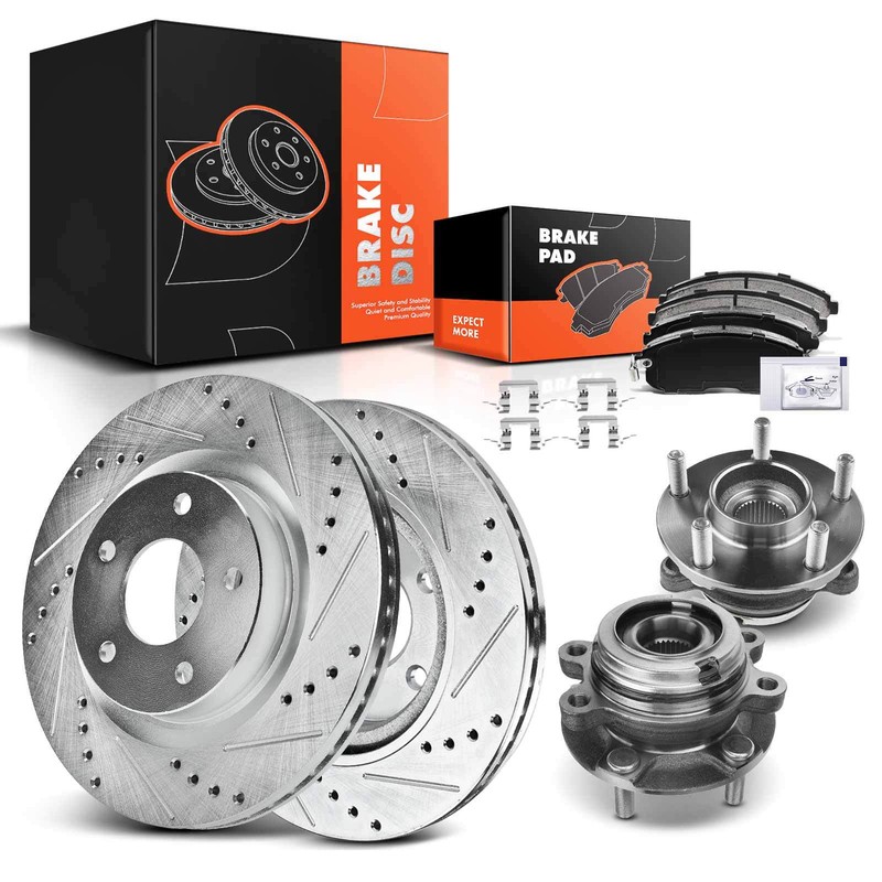 Front Drilled Brake Rotor & Pads + Wheel Hub Bearing for Nissan Altima 2007-2012