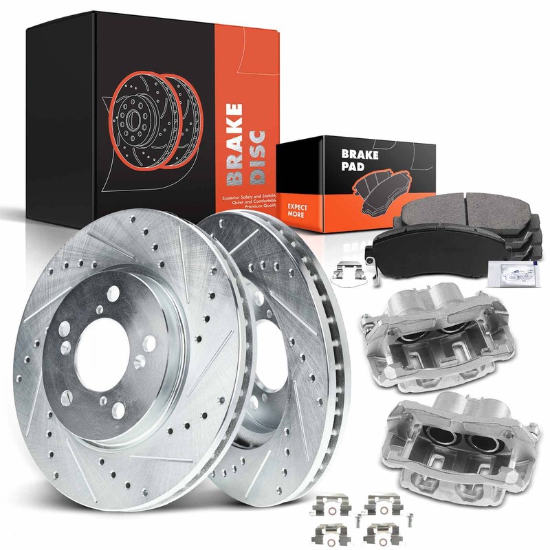 Drilled Brake Rotors Pads + Brake Caliper for Honda Odyssey 05-10 V6 3.5L Front