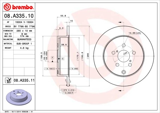 Brembo 08.A335.11 Brake Disc for Toyota