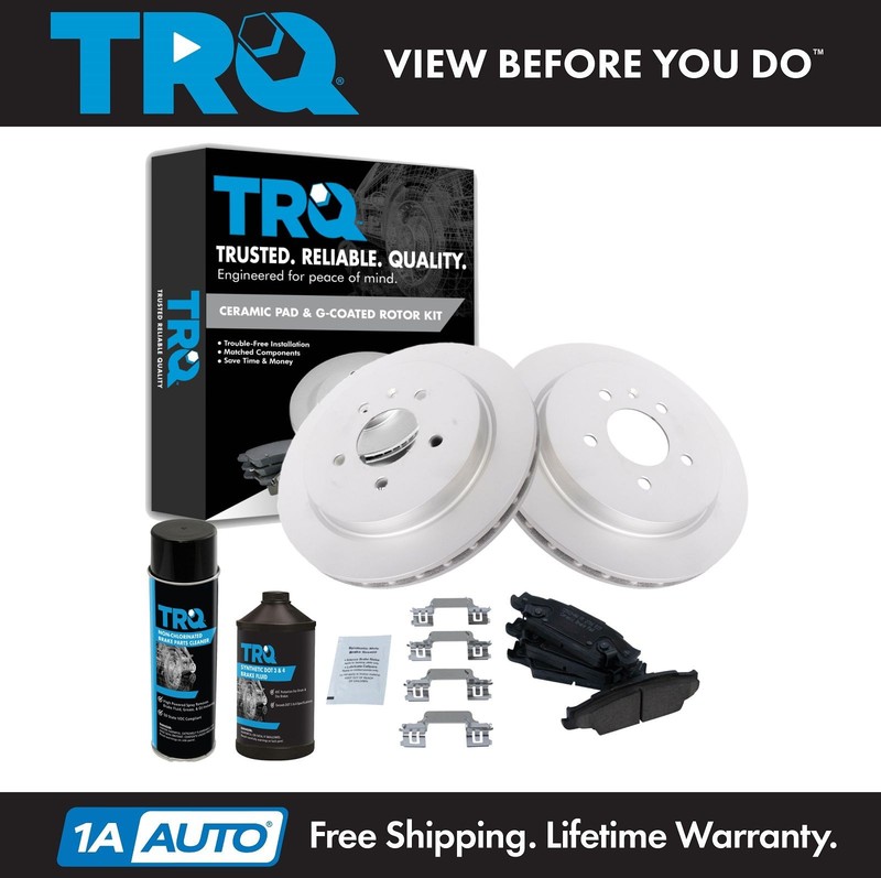 TRQ Rear Ceramic Brake Pad Coated Rotor Kit w/Chemicals for Cadillac CTS STS
