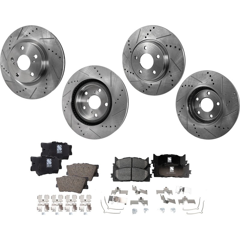 Disc Brake & Pad Kit For 07-11 Toyota Camry Front Rear Cross-drilled Ceramic Pad