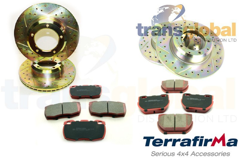 Front Rear Cross Drilled & Grooved Brake Discs Pads for Land Rover Defender 90
