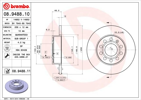 Brembo 08.9488.11 Brake Disc for Audi, Seat, Skoda, Skoda (SVW), VW, VW (FAW), VW (SVW