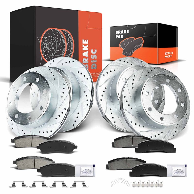 Front & Rear Drilled Brake Rotors & Brake Pads for Ford F-250 F-350 Super Duty