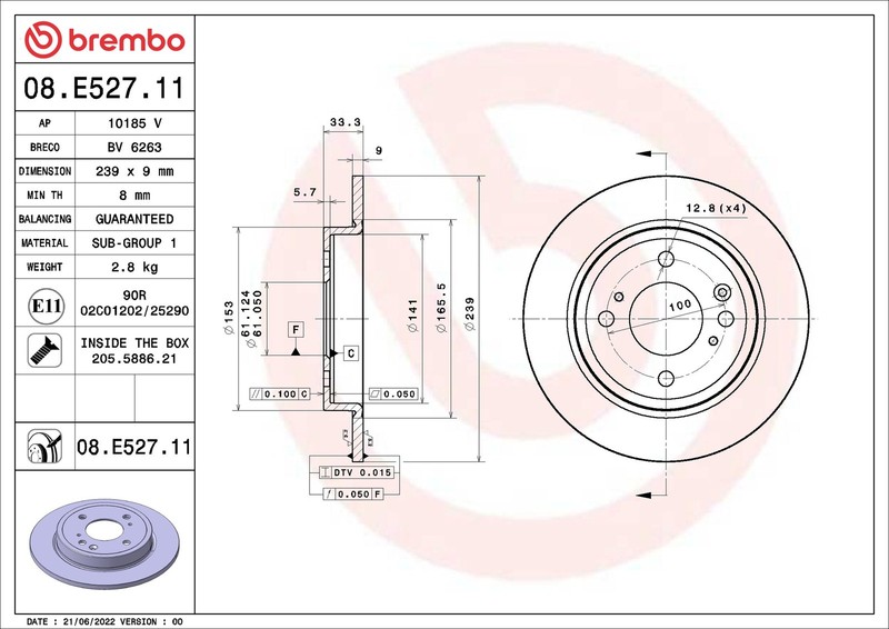 2x Brake Discs Pair Solid Rear 239mm 08.E527.11 Brembo Set 42510TZEJ00 Quality gallery