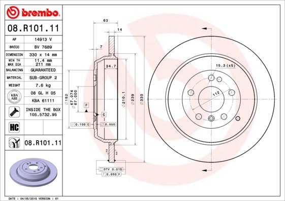 Brembo 08.R101.11 Brake Disc for Mercedes-Benz