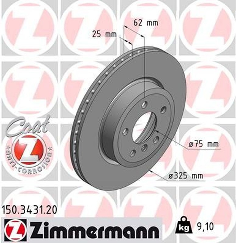 Zimmermann 150.3431.20 Standard Coat Z Disc Brake Rotor For 04-10 BMW X3
