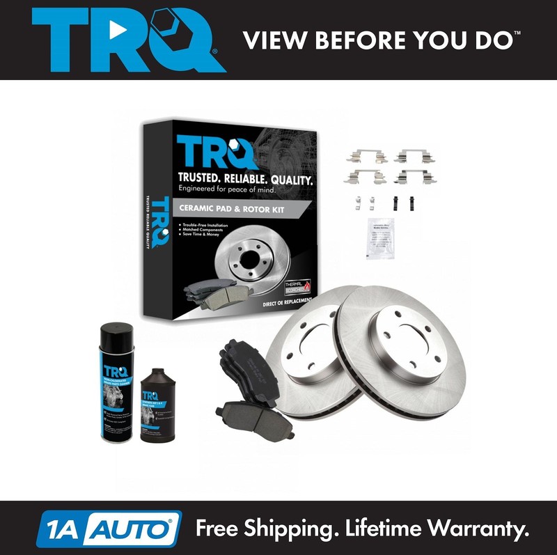TRQ Front Ceramic Brake Pad & Rotor Kit w/Chemicals for Stratus Sebring Galant