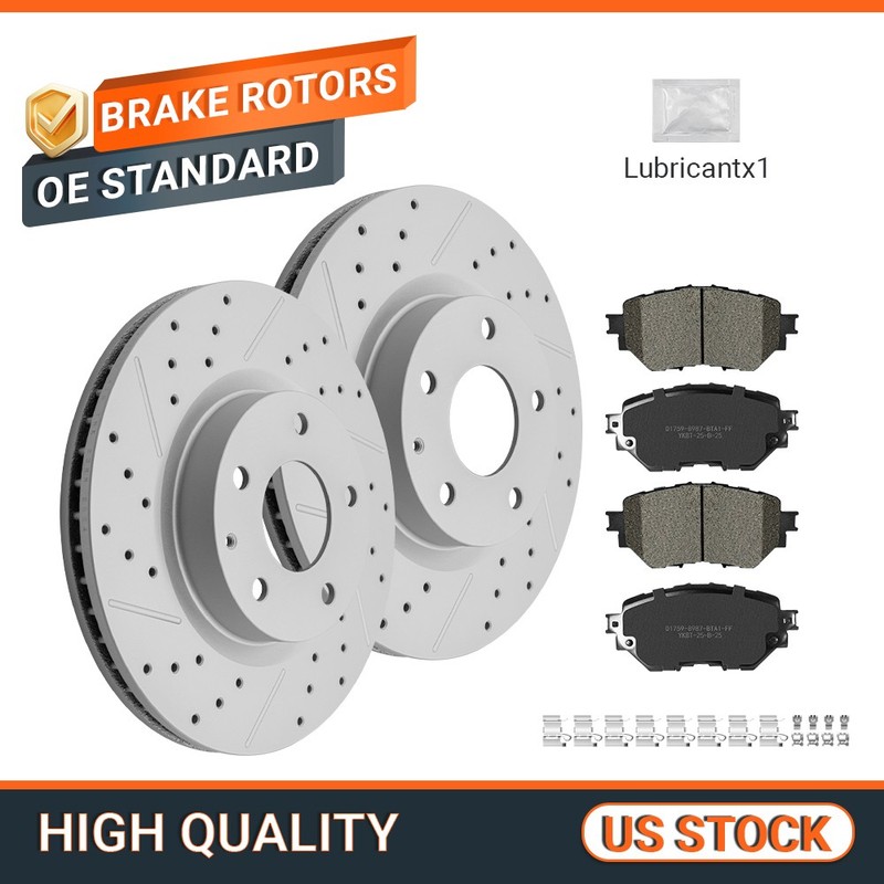 Front Premium Drilled Disc Rotors Ceramic Brake Pads for Mazda 3 Sport 2014-2018