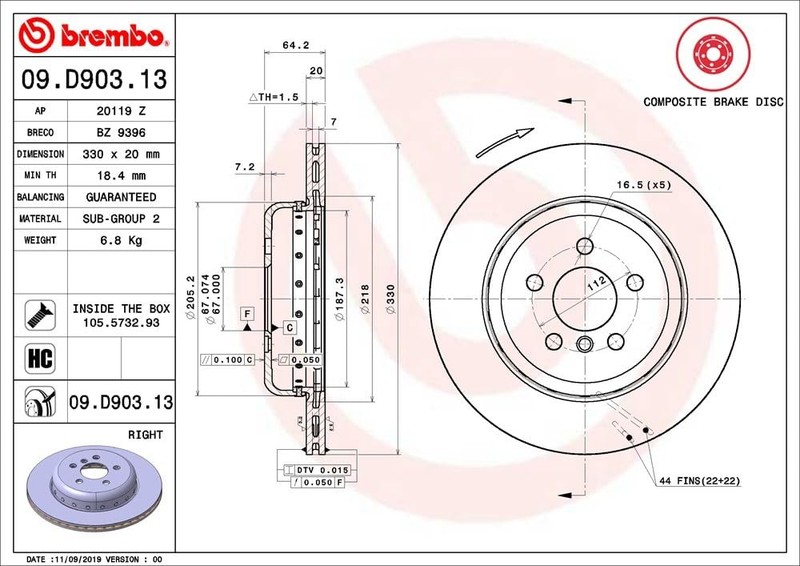 Disc Brake Rotor-Premium UV Coated OE Equivalent Rotor Brembo 09.D903.13