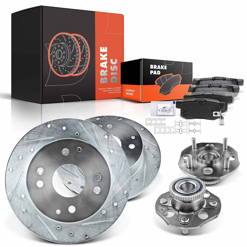 Rear Drilled Rotor & Brake Pad + Wheel Hub & Bearing for Honda Accord 1998-2002
