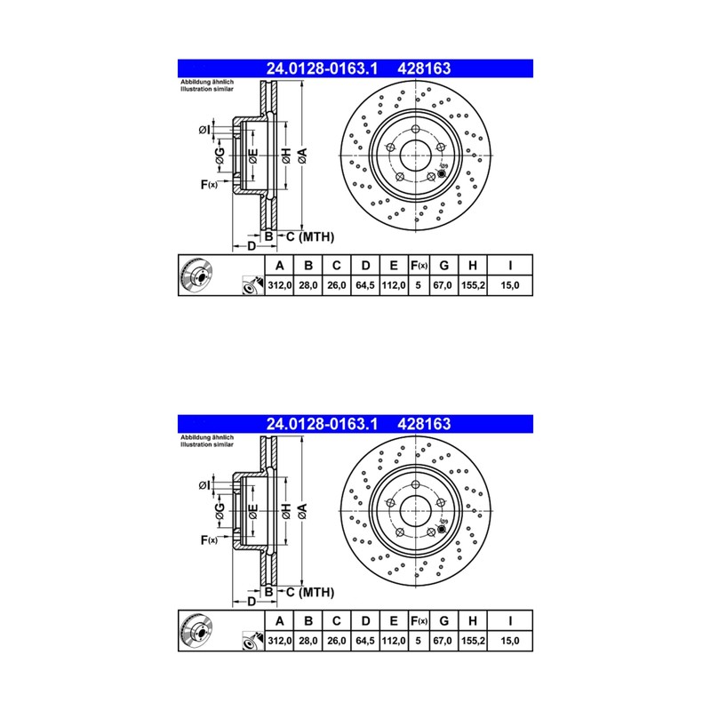 Mercedes SL500 ATE/Premium One Front Disc Brake Rotors (2) 428163 230421041264
