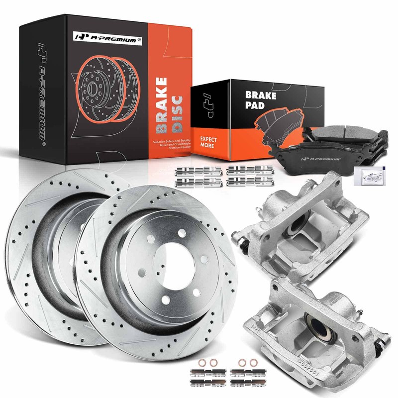 New Rear Drilled Brake Rotors & Brake Pads + Brake Caliper for Ford F-150 12-16